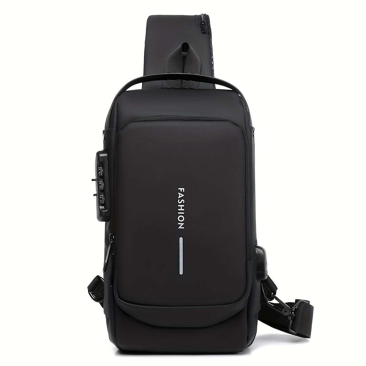 Stylish men's chest bag with USB port, ideal for motorcycling and leisure sports. Made of durable Oxford fabric with adjustable shoulder strap, dual zip compartments.