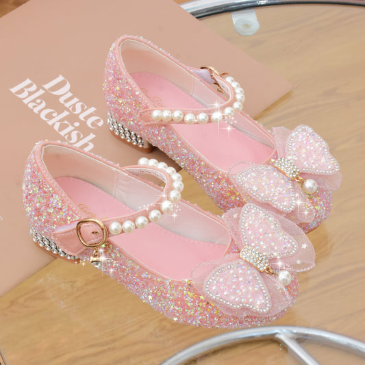 Stylish bowknot pearl high heel shoes with non-slip bottom for girls' parties in spring and fall.