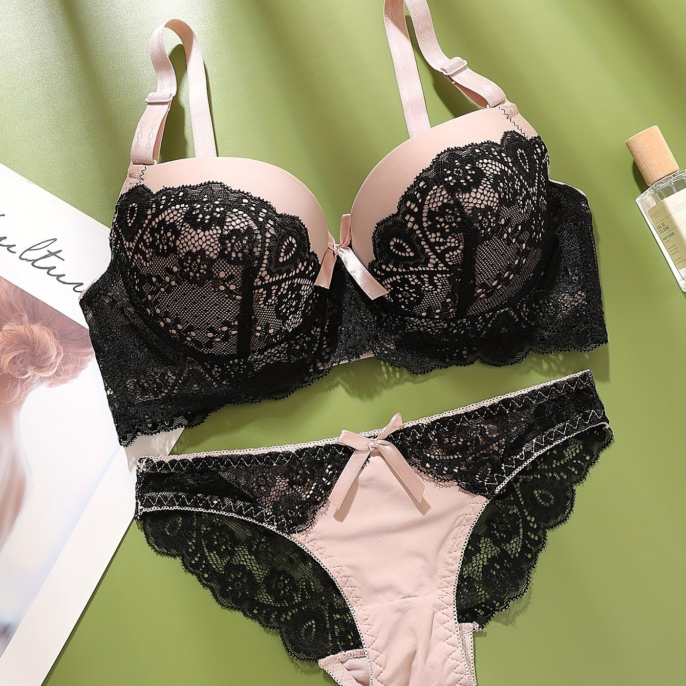 French Romantic Stylish Sexy Women's Bra Set with Lace Color-Blocking, Including Lingerie and Panties - all in one set.