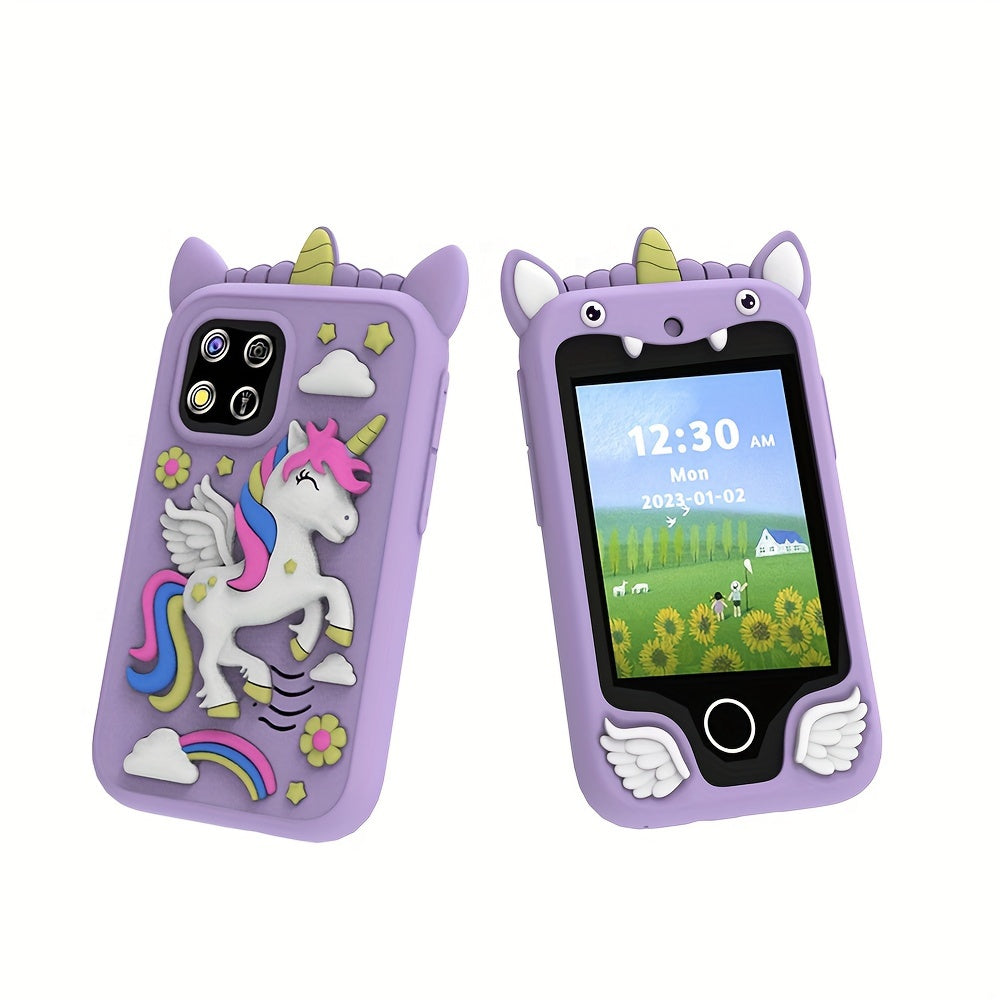 Educational smart toy phone for ages 3+ and 6+ with 8G memory. Featuring music, camera, video recording, pedometer, 20 learning games, habit formation, storybooks, and flashcards. Made of