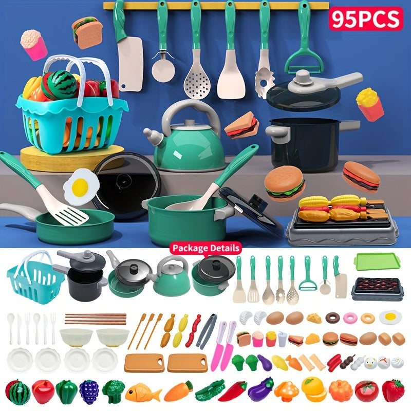 Children's play kitchen set with educational pretend cooking toy, food, fruits, and vegetables, includes tableware and accessories for ages 3-6, perfect for winter.