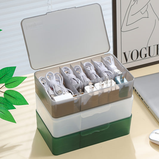 Organize household items with this versatile desk storage box featuring grids and a lid for storing cables, chargers, batteries, nail art sheets, hair accessories, and other tools. Perfect for home organization.