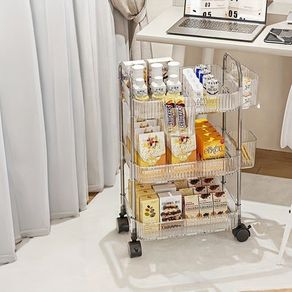 3-Tier rolling storage cart with easy assembly, durable acrylic organizer for snacks, beauty, and personal care products. Ideal for bathroom, office, and laundry room.