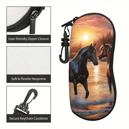 Trendy Horse Patterned Glasses Case - Stylish and Convenient Neoprene Eyewear Pouch with Zipper and Belt Clip for Women