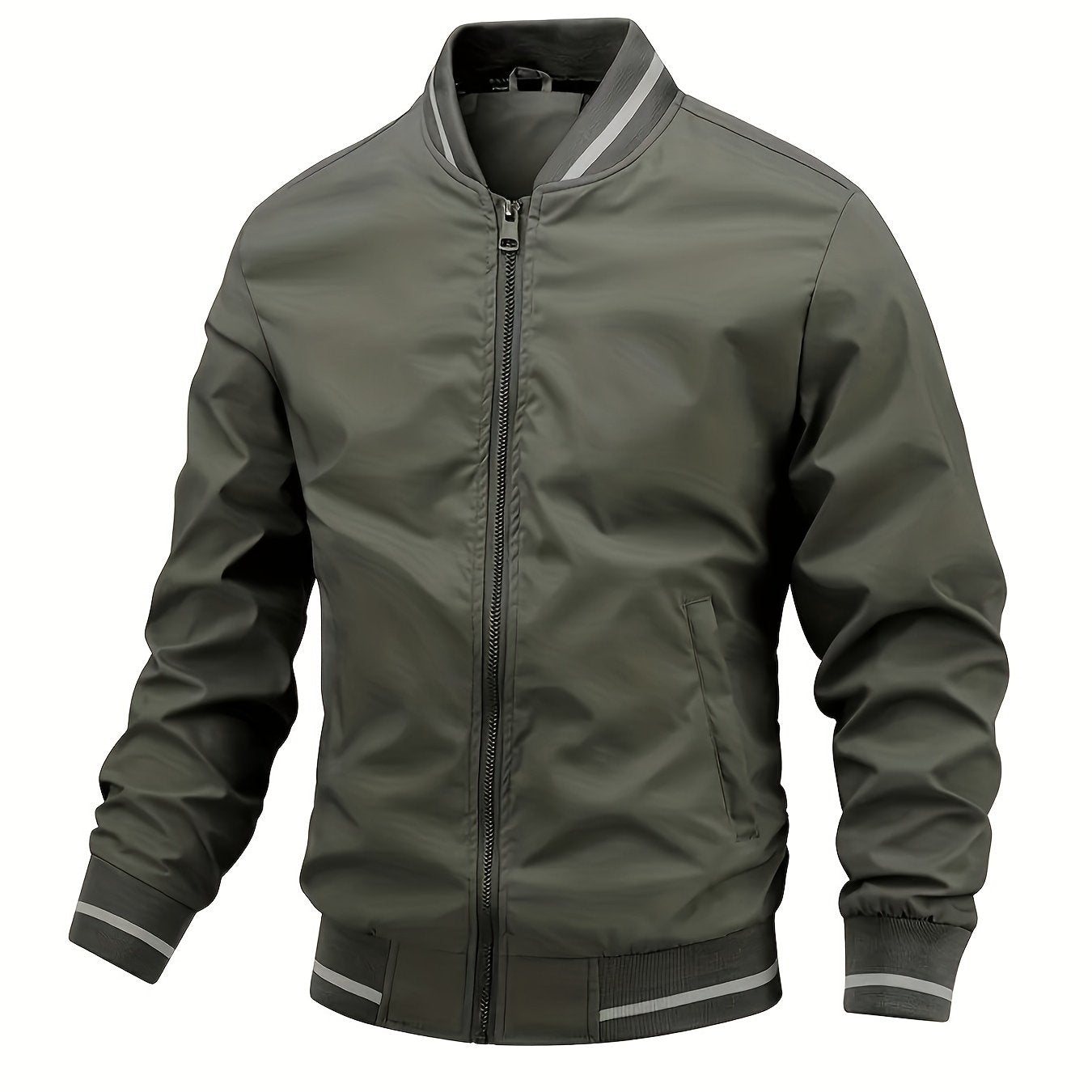 Men's lightweight windbreaker jacket made of 100% polyester with long sleeves, regular fit, and baseball collar. Suitable for spring and fall seasons. Made of woven fabric with a weight of