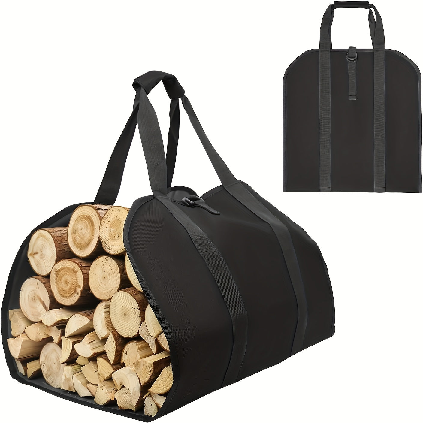 Canvas log tote with handles for carrying firewood, sturdy polystyrene wood holder, essential fireplace accessory for outdoor camping and trips.