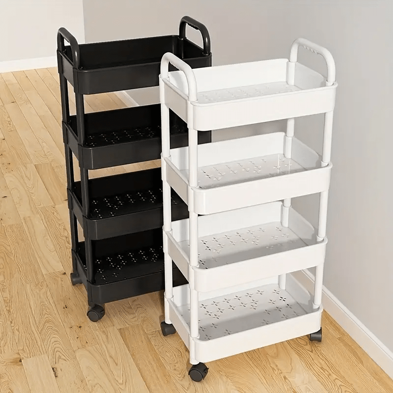 Versatile Mobile Utility Cart Organizer with Multi-Tier Storage, Sturdy Plastic Material, 360 Degree Swivel Wheels, Ideal for Various Rooms - Available in Black or White. Perfect for Living Room, Bathroom, Bedroom, Kitchen. Convenient and Durable Rolling