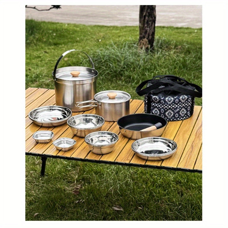 Stainless Steel Camping Cookware Set with 22 Pieces - High-Quality 304 Stainless Steel Outdoor Kitchen Utensils featuring Foldable Handles. Complete with Bowls, Plates, Skillet, Fry Pan and More. Ideal for Picnics, Road Trips, Camping and Home Use.