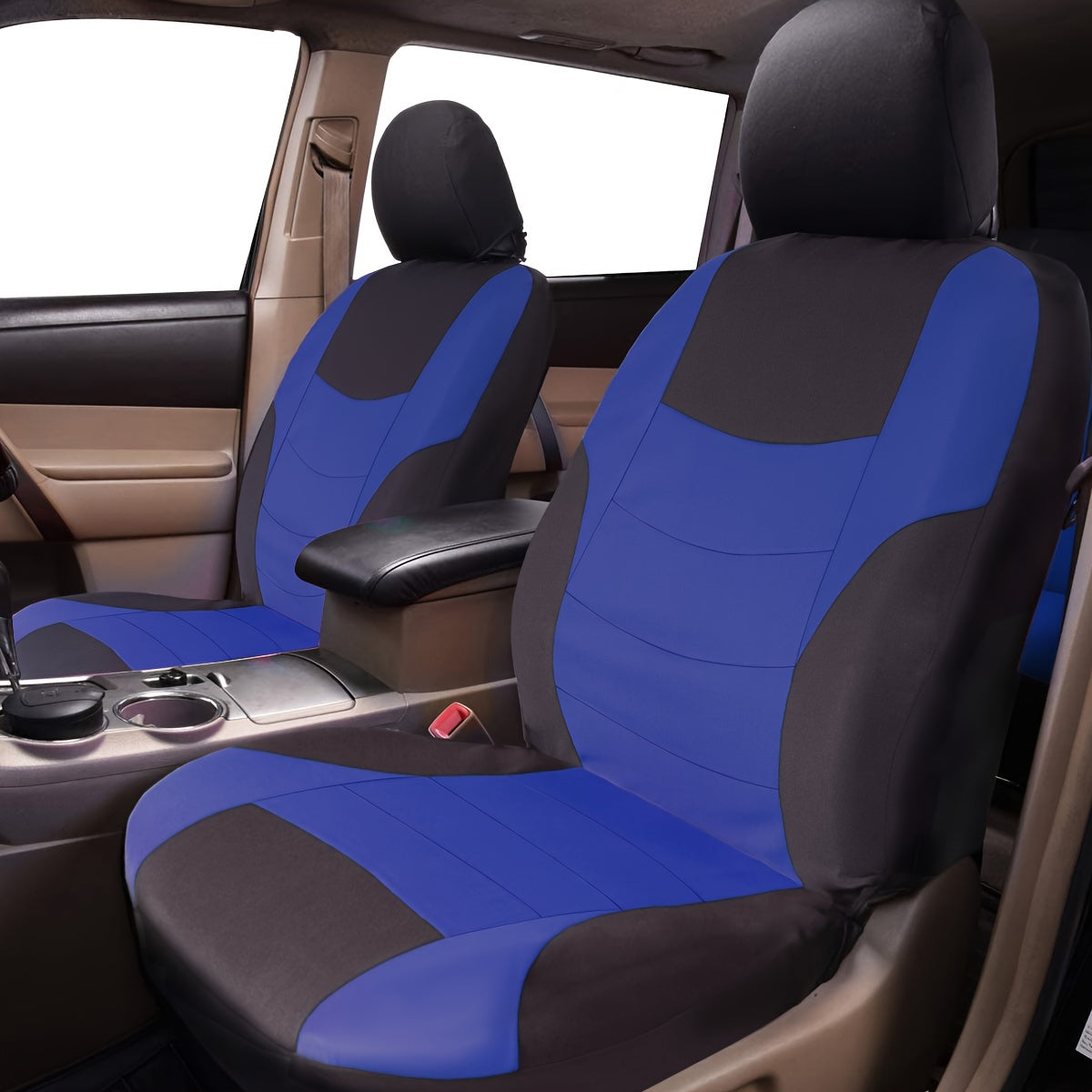 Polyester car seat cover set with sponge filler - breathable, comfortable, hand washable - suitable for all seasons.