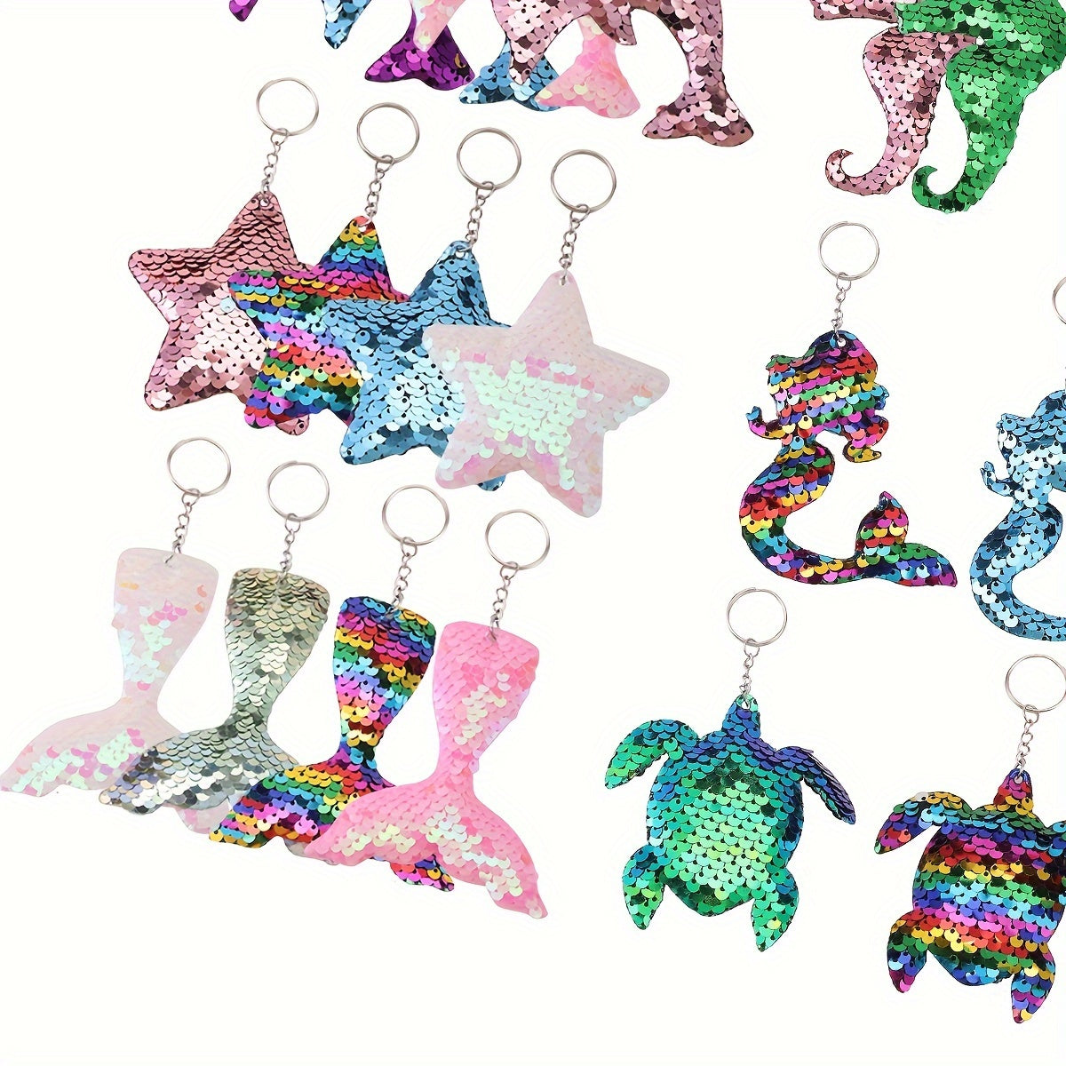 Cartoon Double-sided Mermaid Sequin Keychains - Set of 20, featuring Ocean Theme, Animal Shapes, Flip Sequin Design, Perfect for Party Gifts, Birthday Presents, and Christmas Decorations.