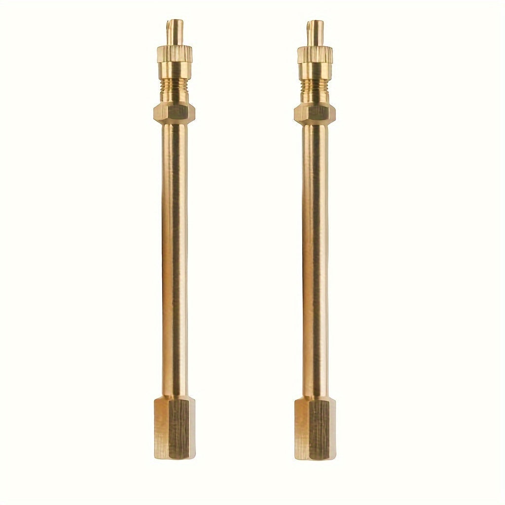 Two pieces of Golden Copper Tire Valve Extension Stems, suitable for use on cars, trucks, vans, RVs, and SUVs.