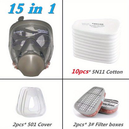 6800 Full Face Chemical Respirator Gas Mask with a 1 facepiece for painting, spraying, and chemical safety work, providing formaldehyde protection in sizes ranging from 7.62 to 68.58 cm.