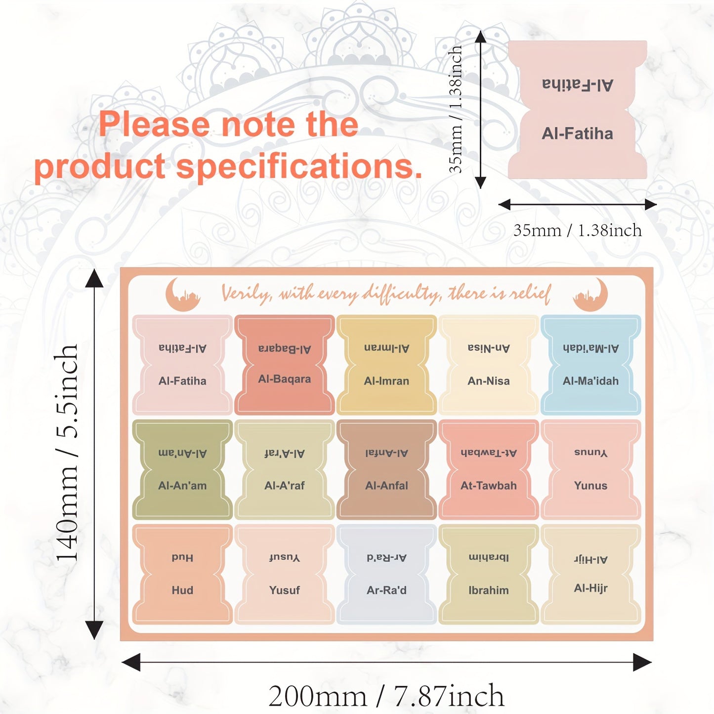 Self-adhesive Quran chapter tabs with tear-resistant clear printing for easy navigation and decoration, includes 114 chapter tabs and 6 blank tabs.