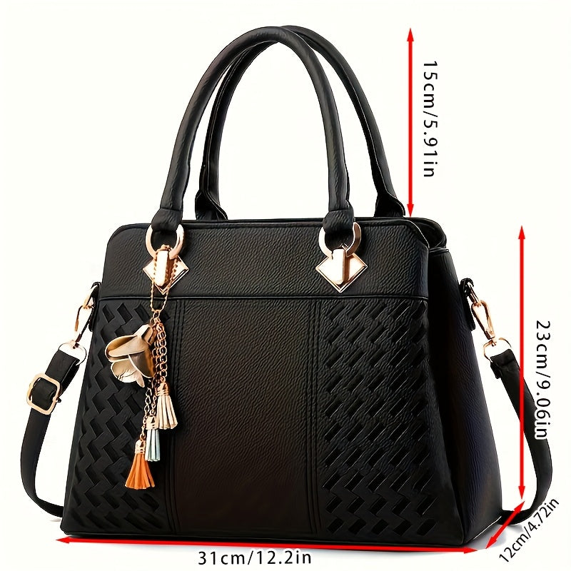 Black tote bag for women with detachable shoulder strap, golden hardware & charm - large handbag, great gift for mom or family.