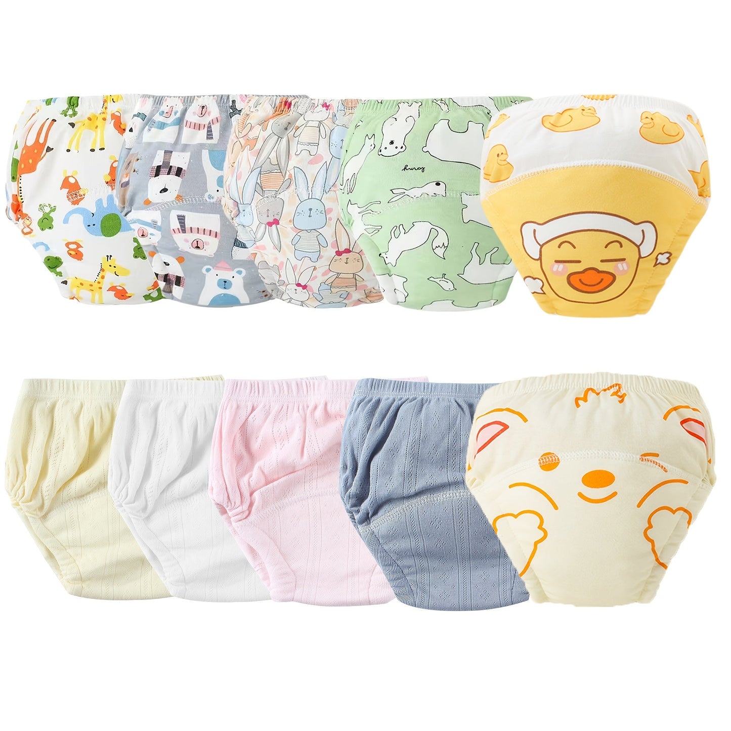 Set of 10 Baby Training Pants, Reusable Toddler Underwear featuring Adorable Animal Designs, Soft Knit Material, Various Colors, Perfect Present for Babies