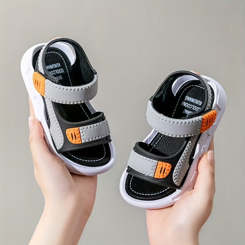 Boys' cartoon design beach sandals with hook-and-loop closure, breathable PU material, rubber sole for outdoor fun in movement and leisure style during spring/summer.