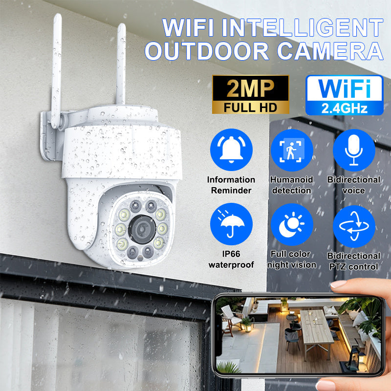 This WiFi security camera offers high-definition 1080P resolution for clear video quality. It includes color night vision, two-way audio, APP control, motion and audio alerts, a pan-tilt head, and is compatible with smartphones. Made with durable ABS