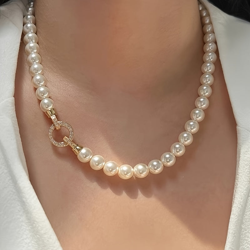 Stylish and minimalist 8mm faux pearl necklace featuring shell pearls, synthetic August birthstone, plated design, perfect for everyday wear or vacation. Great gift for Valentine's Day. Versatile for all seasons.