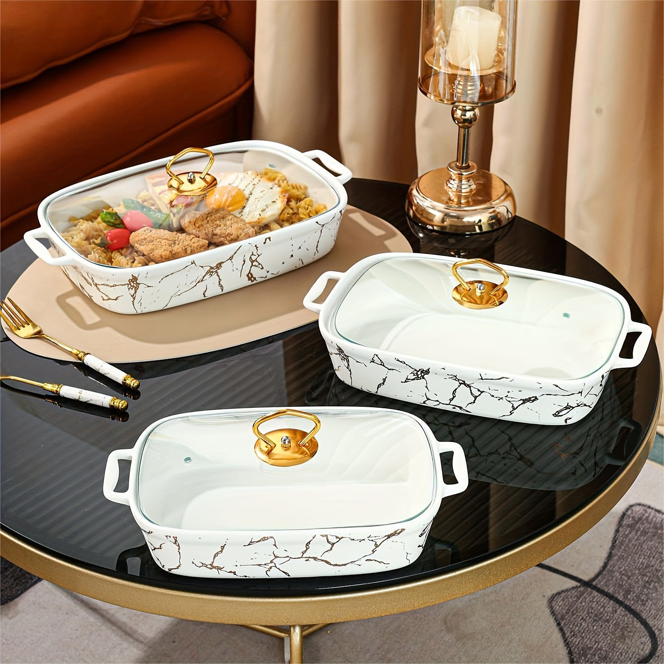 [Customer Favorite] Elegant Marble Design Ceramic Serving Platter Set with Lid - Versatile Kitchen Utensil for Soups, Sandwiches, Snacks, Parties, and Home Use