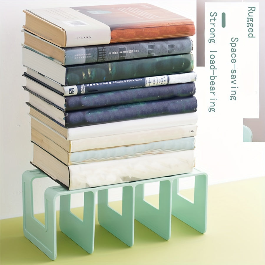 Versatile plastic book organizer for desk or office space-saving storage.