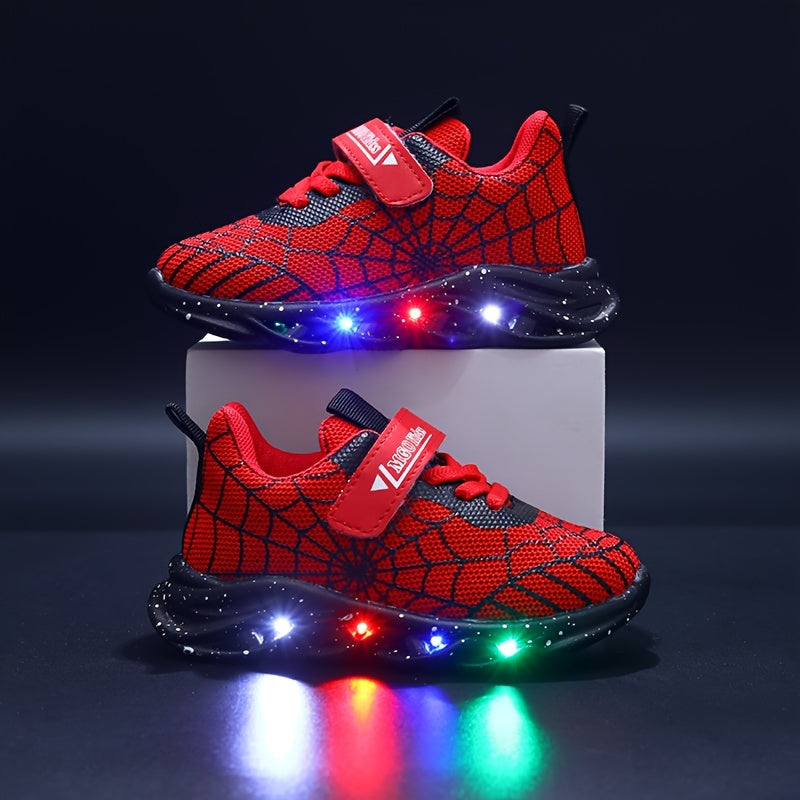 MGO Kids LED sneakers with spider web design, mesh upper and PVC sole, suitable for ages 1-6 for all-season wear.