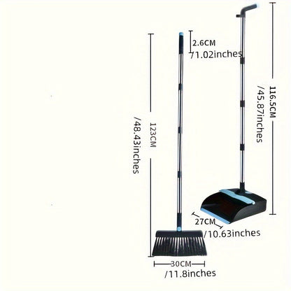 The Household Broom and Dustpan Combo Set features a long handle, rotatable broom head, and built-in scraper. Its upright standing design ensures efficient cleaning, making it ideal for the living room and bedroom. This set also includes cleaning tools