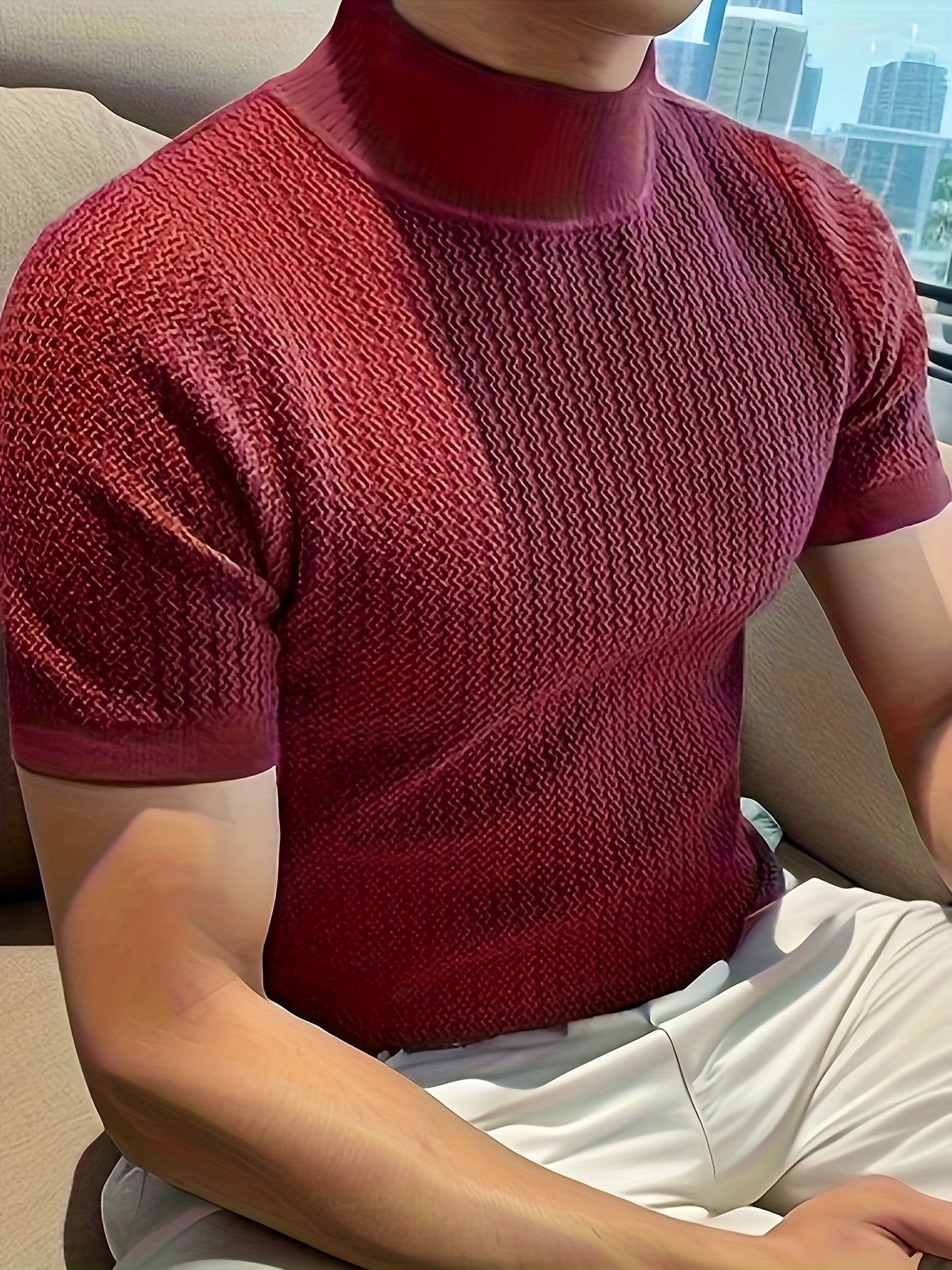 Men's high neck knit t-shirt for casual summer wear with European and American style