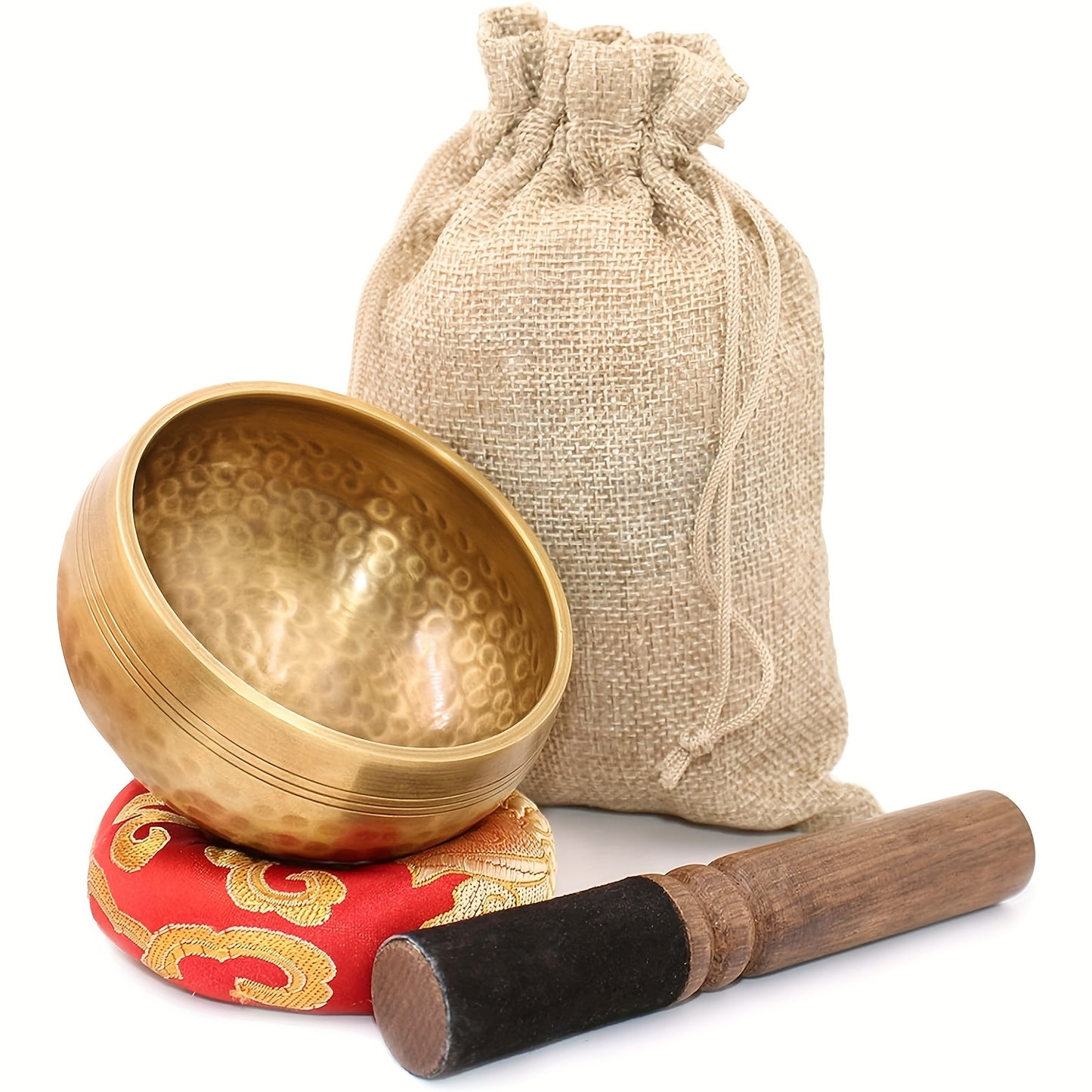 Handcrafted Tibetan Singing Bowls Set includes hammered copper sound bowl, mallet, and drawstring bag for yoga, meditation, and chakra balancing.