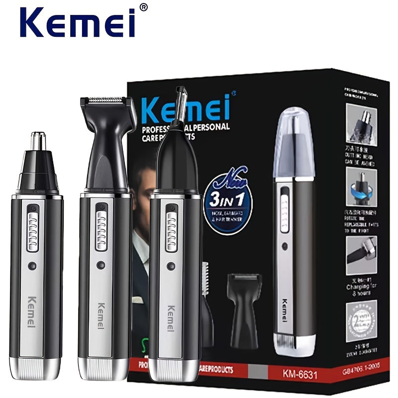 Kemei 4-in-1 grooming kit: USB rechargeable nose & ear hair trimmer, beard & eyebrow razor, men's personal care tools with nickel battery, ≤36V operating voltage.