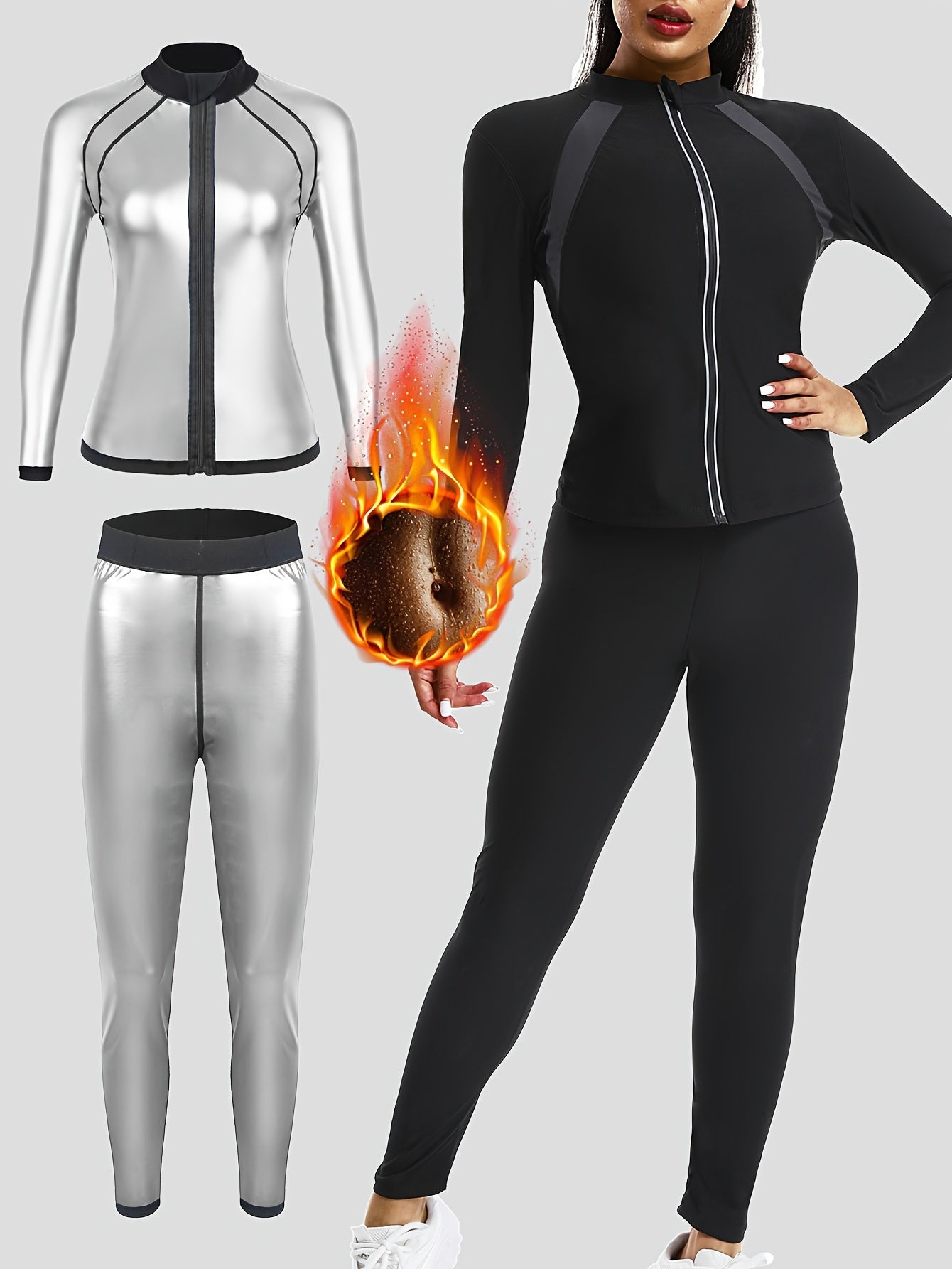 Women's fitness long sleeve pants suit for sauna sports, European and American design. Perfect for yoga and fitness, includes jacket and shorts.