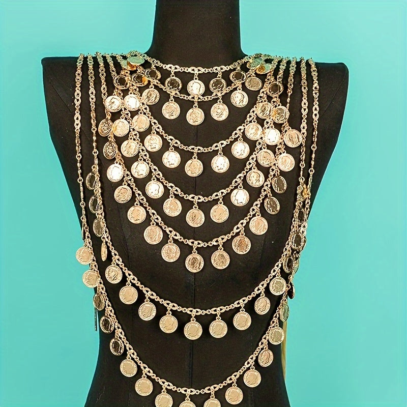 A stunning chest chain for a luxurious Arabic bride, featuring heavy handmade metal gold-plated portrait coin links. Perfect for adding elegance to wedding dress body accessories, this piece embodies the beauty of Algerian cultural traditional jewelry.