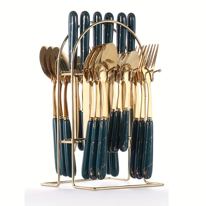 24-piece stainless steel flatware set with ceramic handles, perfect for dining and dessert, includes knives, forks, spoons, and teaspoons - great for home, restaurant, hotel, and kitchen