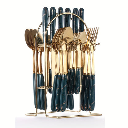 24-piece stainless steel flatware set with ceramic handles, perfect for dining and dessert, includes knives, forks, spoons, and teaspoons - great for home, restaurant, hotel, and kitchen