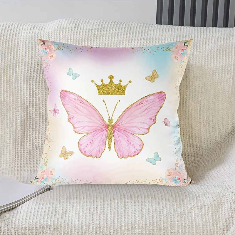 Chic pink and purple butterfly pillow cover made of soft peach skin polyester with zip closure, ideal for living room, bedroom, and party decor.