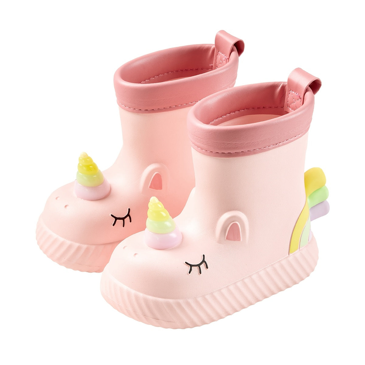 Waterproof Unicorn Cartoon Rain Boots for girls in Pink & White, ideal for outdoor play and school in fall/winter. Made from comfortable EVA material with non-slip soles.