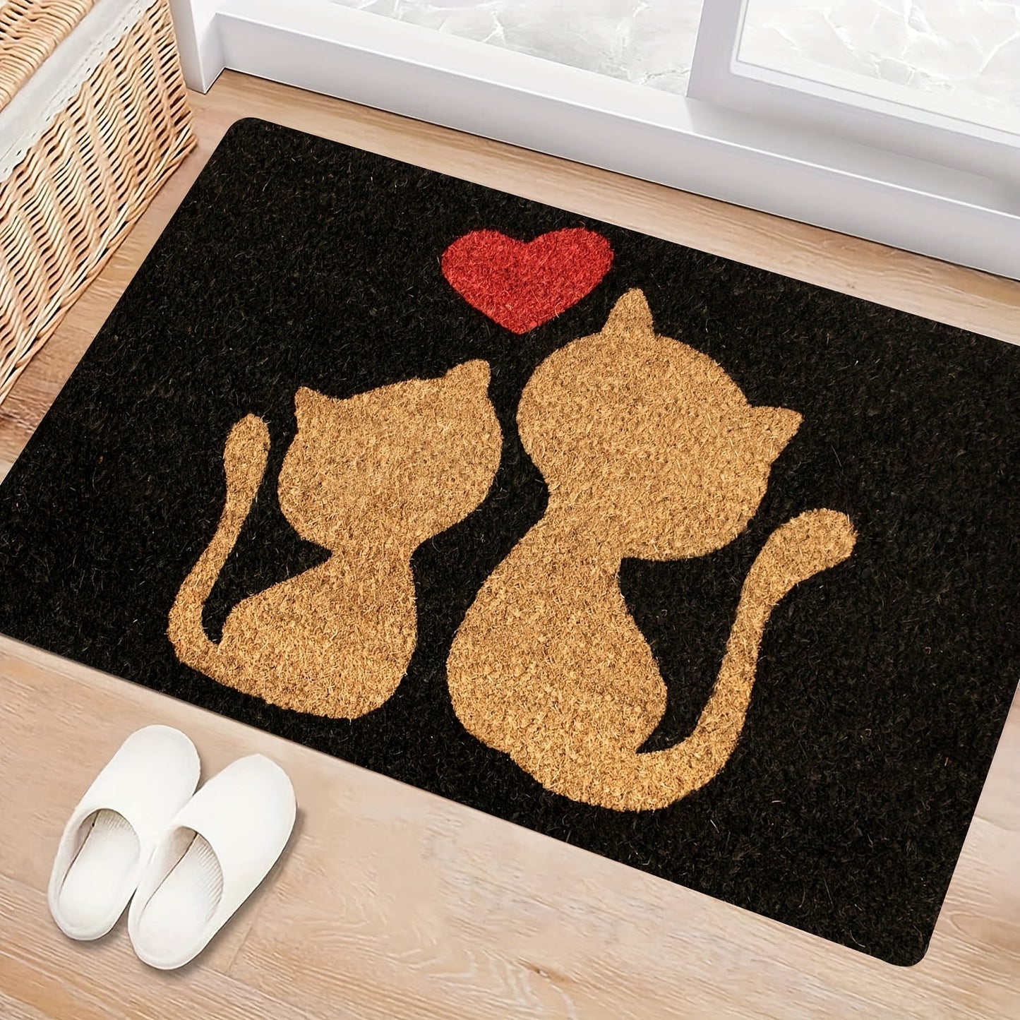 Heart Design Doormat with Cute Cat - Easy to Clean, Machine Washable, Stain Resistant, Polyester Rectangular Rug for Bedroom and Farmhouse Entryways.