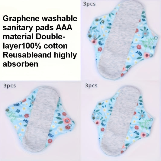 3pcs Graphene Washable Sanitary Pads for Women - Breathable & Reusable, Double-Layer Cotton with Floral Pattern | Ideal for Incontinence, Pregnancy & Elderly Care