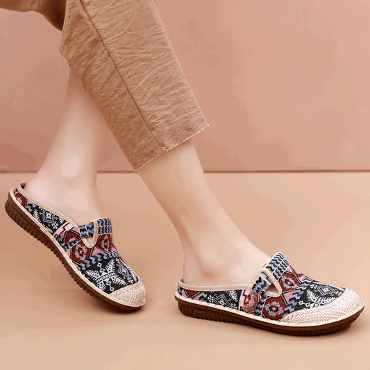 Womens Summer 2024 Fashion Tribal Style Slip-On Shoes with Breathable Fabric Upper and Faux Sole