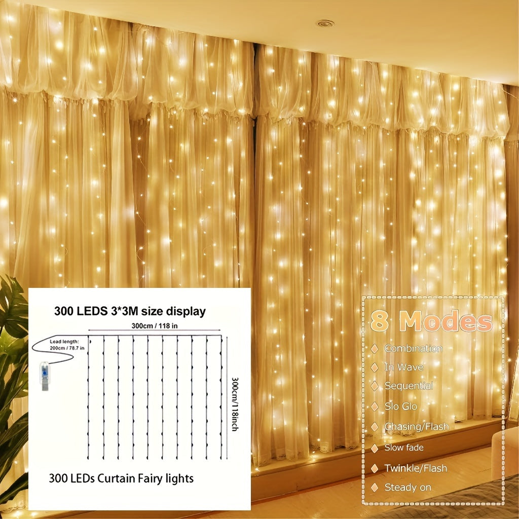 1pc Fairy Lights Curtain with 8 Modes Timer Remote, USB Lamps for Bedroom, Backdrop, Wedding, Party, Eid Al-Adha Mubarak.