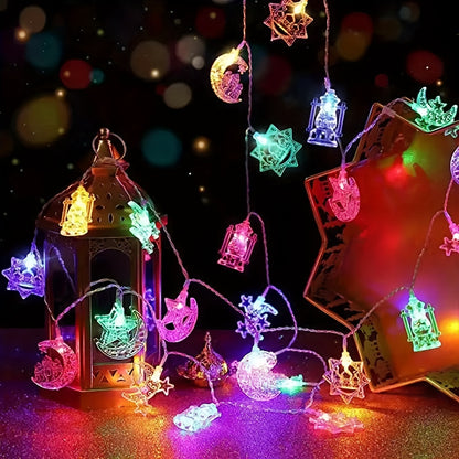 Battery-powered LED string lights designed as decorative palace lanterns featuring stars, moon, and castle design for Middle Eastern festivals and celebrations. Perfect for hanging or