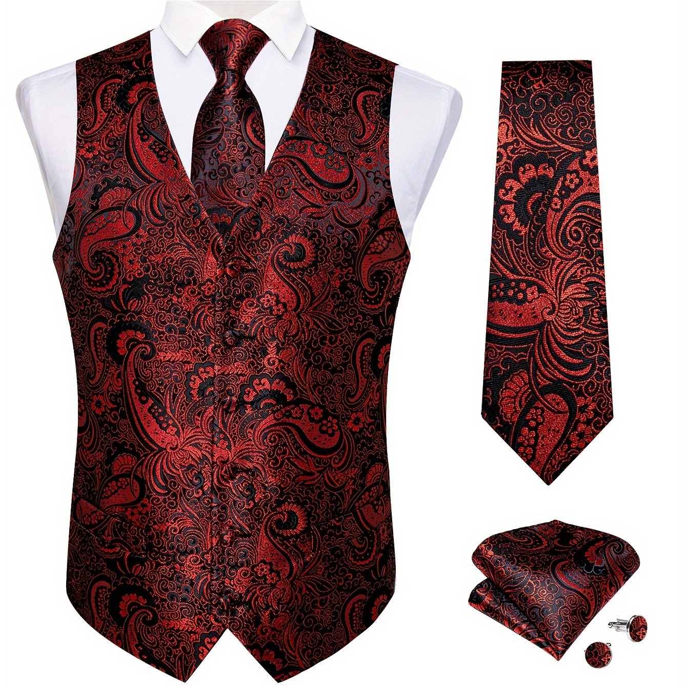 Men's plus size blue waistcoat set includes paisley necktie, cufflinks, and handkerchief. Perfect for formal occasions like weddings.