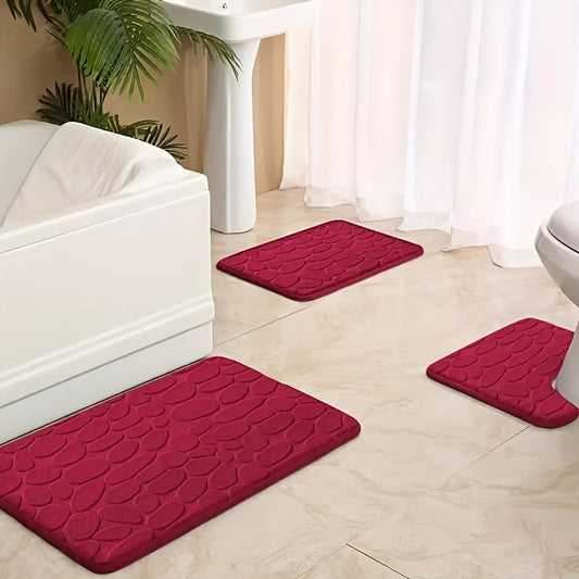 3-piece Coral Fleece Bath Mat Set with Geometric Pattern, Non-slip, machine washable rugs; Soft and comfortable knit fabric, 300gsm, thick rectangle shower mat for bathroom, kitchen, and