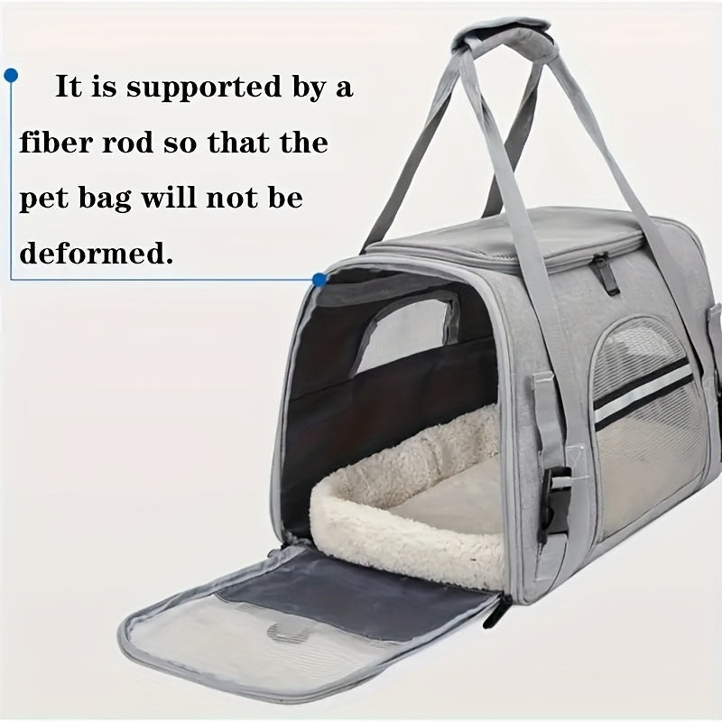 Portable pet bag with four-sided breathable design, includes fur mat, can be used on suitcase or as single shoulder pet bag. Collapsible and transparent, suitable for both cats and dogs.