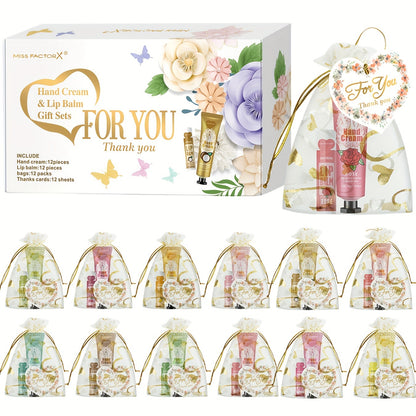 12-piece MISS FACTORX Hand Cream & Lip Balm Gift Set with hyaluronic acid and glycerin, floral-scented products in heart-shaped pouches and thank you cards, perfect for weddings, corporate