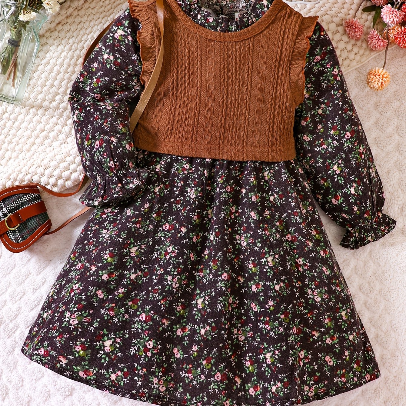 Cotton knit vest and floral dress set for girls, ideal for casual or special occasions, non-transparent, perfect for outdoor events.