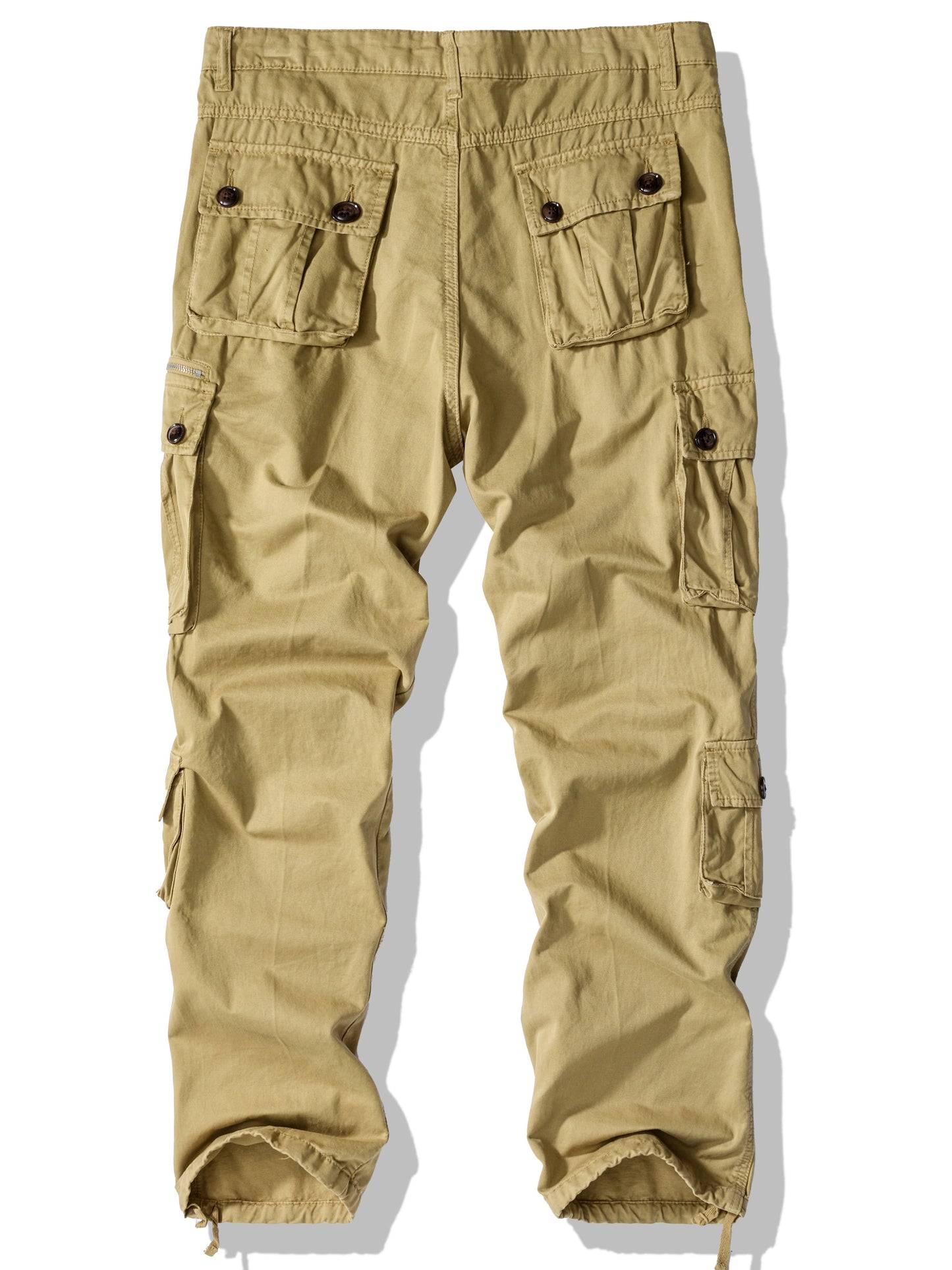 Men's plus size cargo pants in solid color, loose fit, made of washed cotton for all-season wear. Features 8 pockets and a street style design.