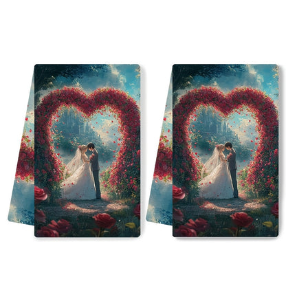 Set of 2 Kitchen Towels featuring an Anime Couple exchanging vows under a heart-shaped archway of roses. These ultra soft and highly absorbent dish hand towels are perfect for holiday decor. Machine washable and measures 16x24 inches. Code: 2KYSYS1215171