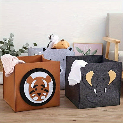 One set of adorable felt folding storage baskets featuring a charming elephant and tiger cartoon design. Perfect for organizing toys, dirty laundry, or other household items, these baskets offer a large capacity and can be used in the car or throughout