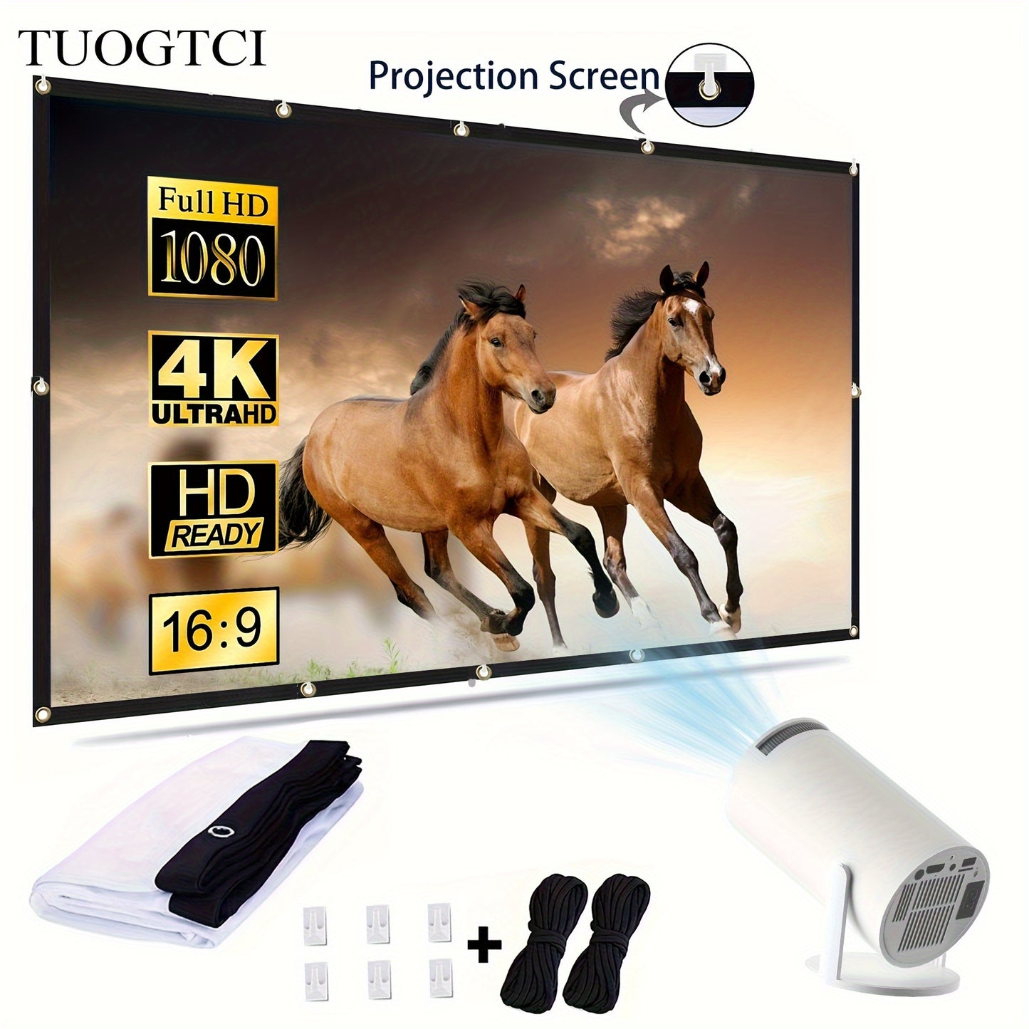 TUOGTCI 100-Inch Giant Projector Screen - 16:9 HD, 3D Compatible, Thick Polyester, Indoor/Outdoor Use.