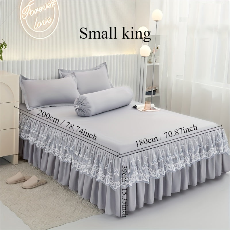 Chic 3-Piece Bed Skirt Set Featuring Double Layer Lace - Comes with 1 Bed Skirt and 2 Pillowcases, in a Solid Color. Non-Slip and Perfect for All Seasons, this Set is Machine Washable for easy care.